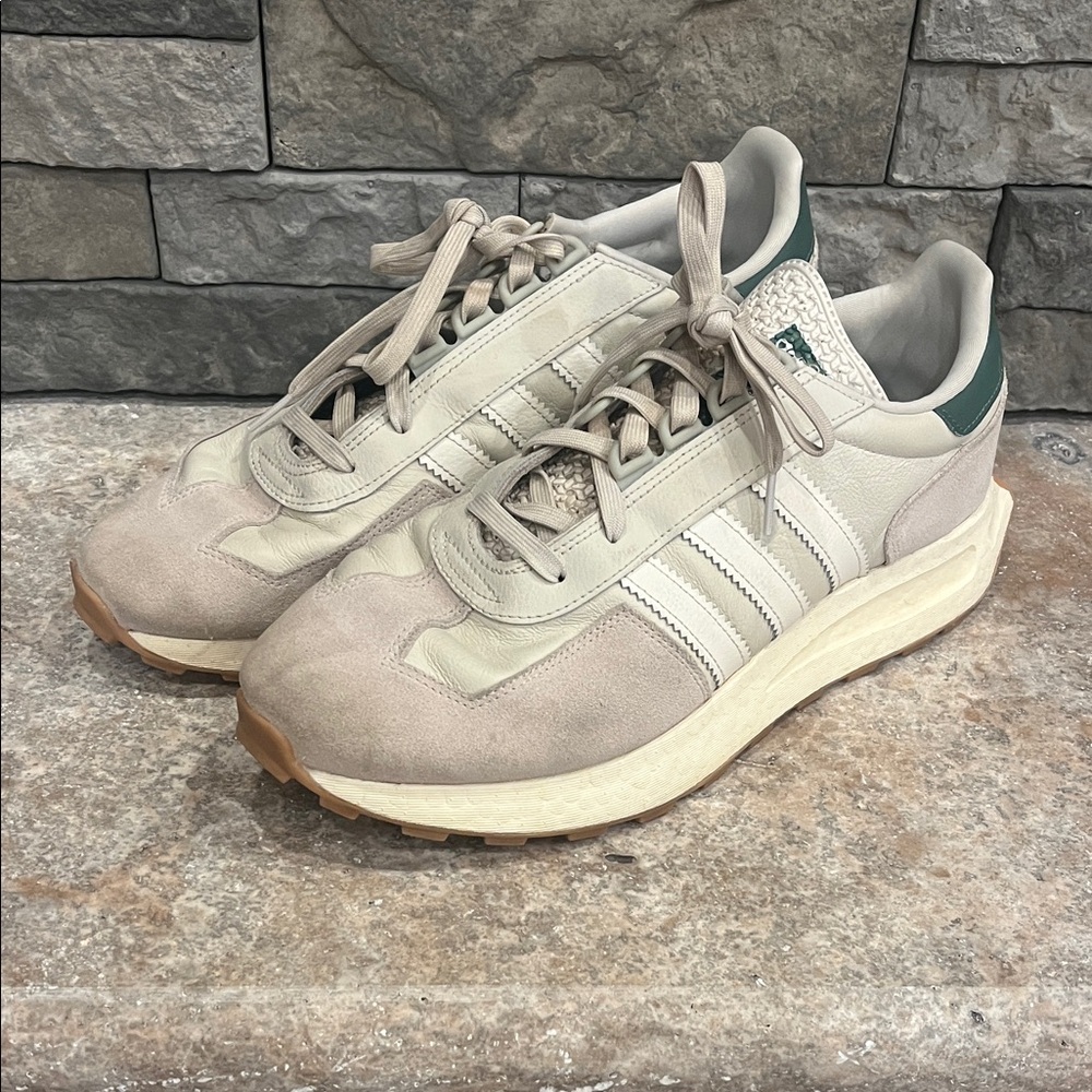 Adidas Men's Cream and Dark Green Sneakers